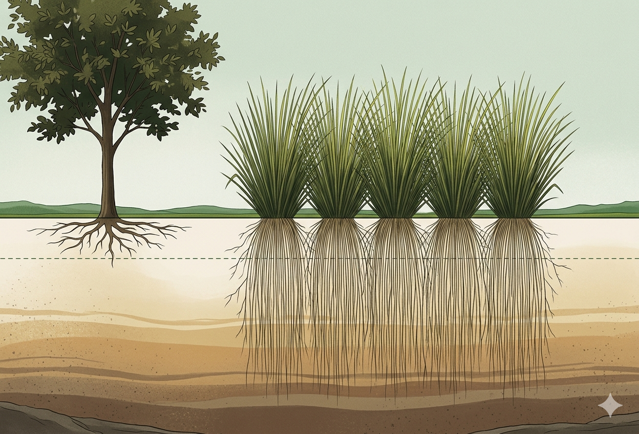Illustration of a vetiver root profile beneath a living hedge.